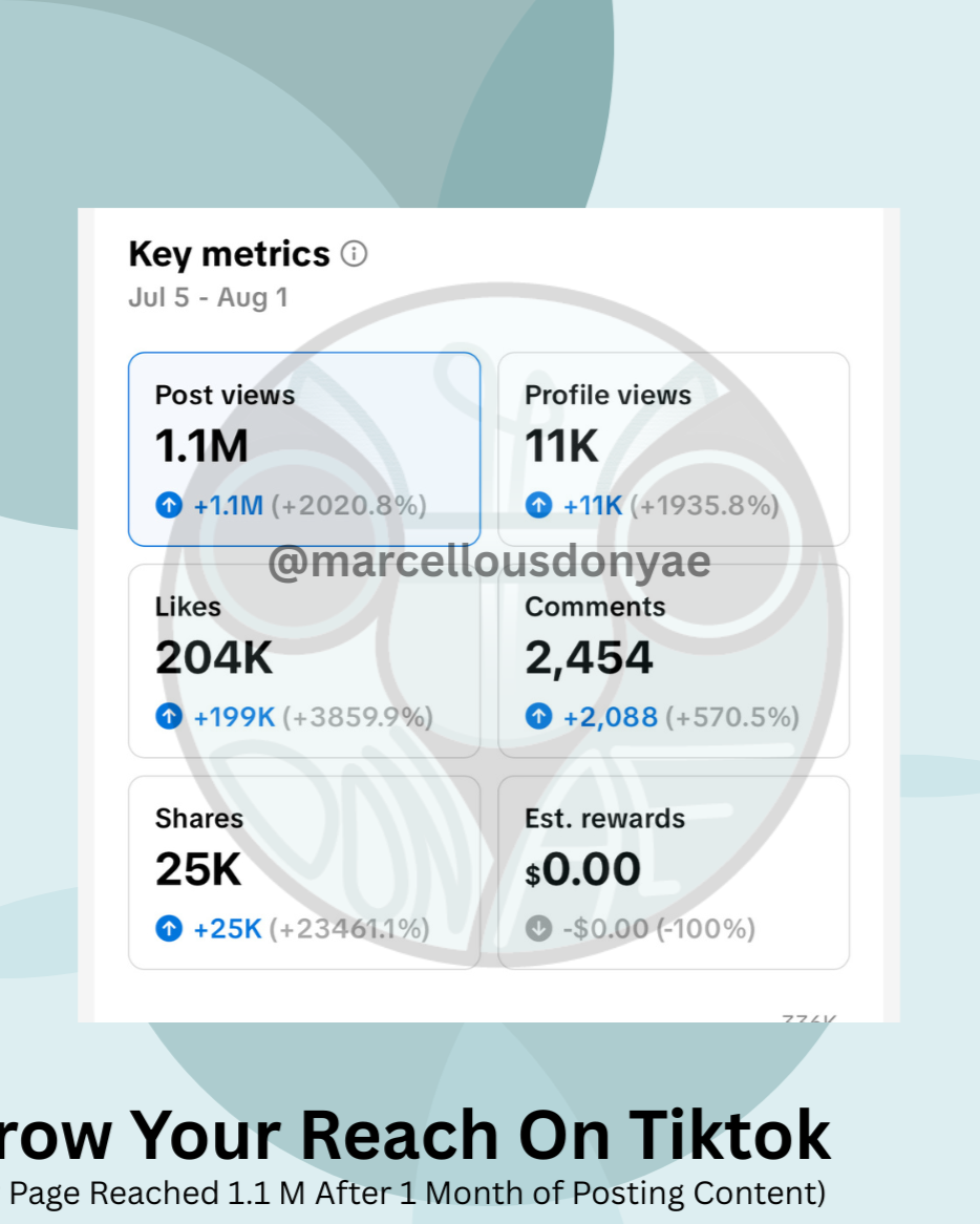 TikTok analytics dashboard with key metrics on a light blue background